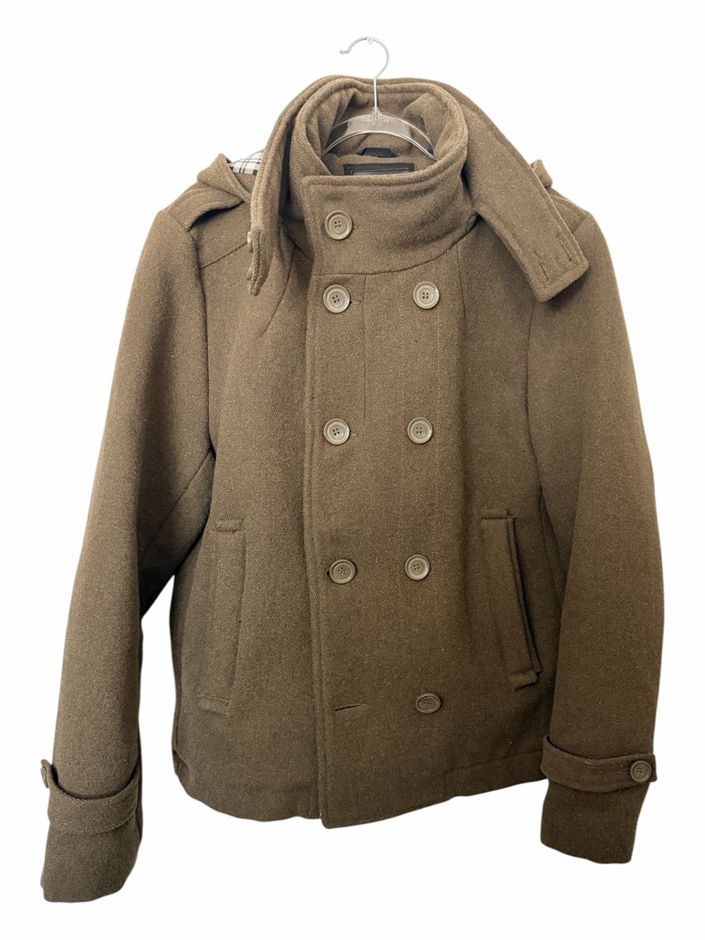 Project Raw Men's Double-Breasted Peacoat Jacket in Army Green w/ Hoodie Size XL